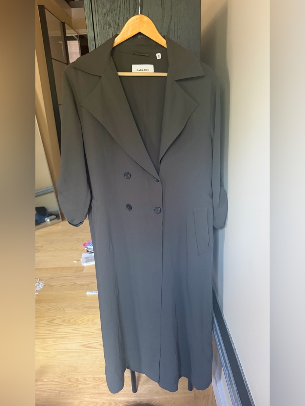 Aritzia Babaton Olive Green Covenant Matte Satin Trench Coat